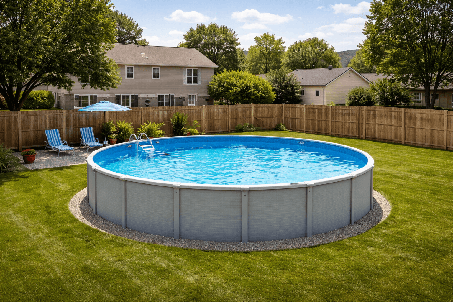 Above ground pool with clear water and landscaping
