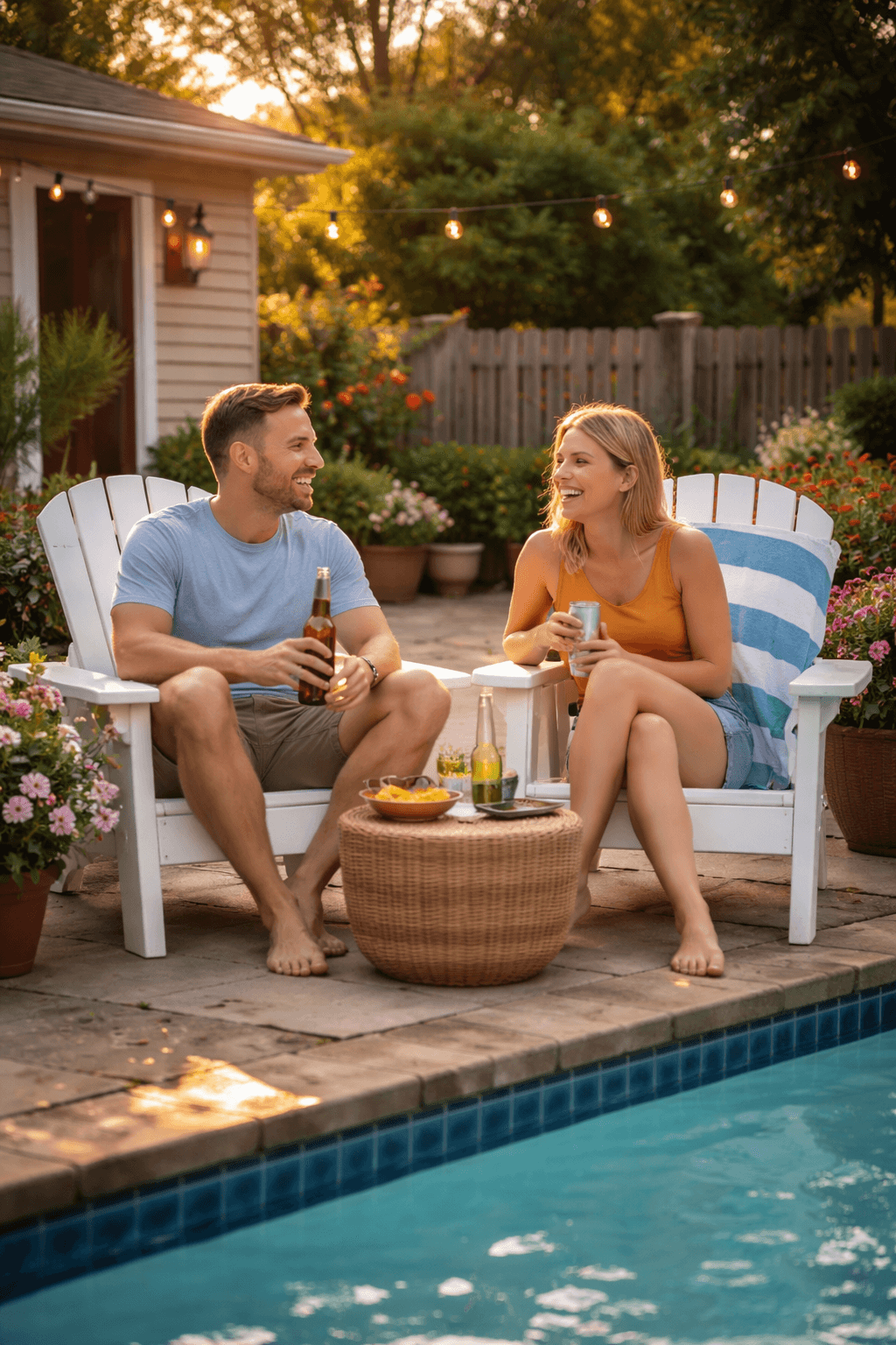 Poolside sunset seating area behind the about page call to action
