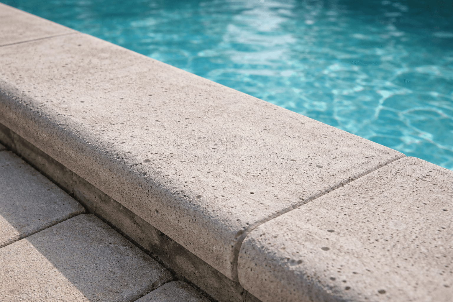Close-up of travertine pool coping stone along the edge of a turquoise pool