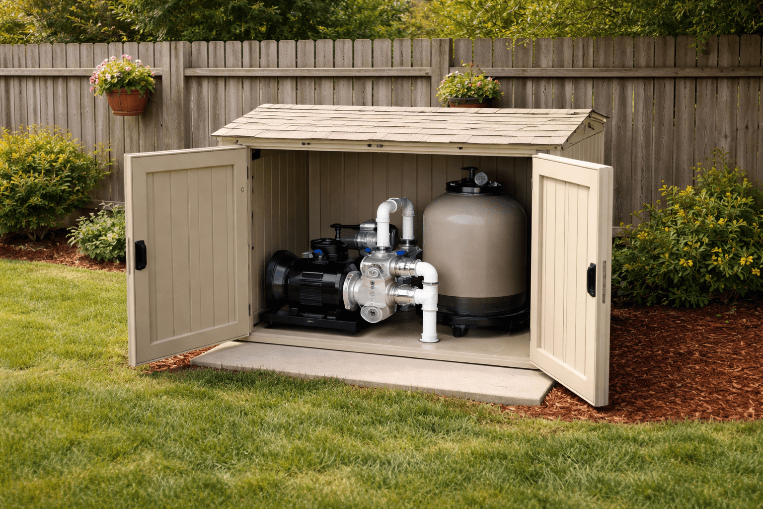 Pool pump and equipment representing pool maintenance and repair services